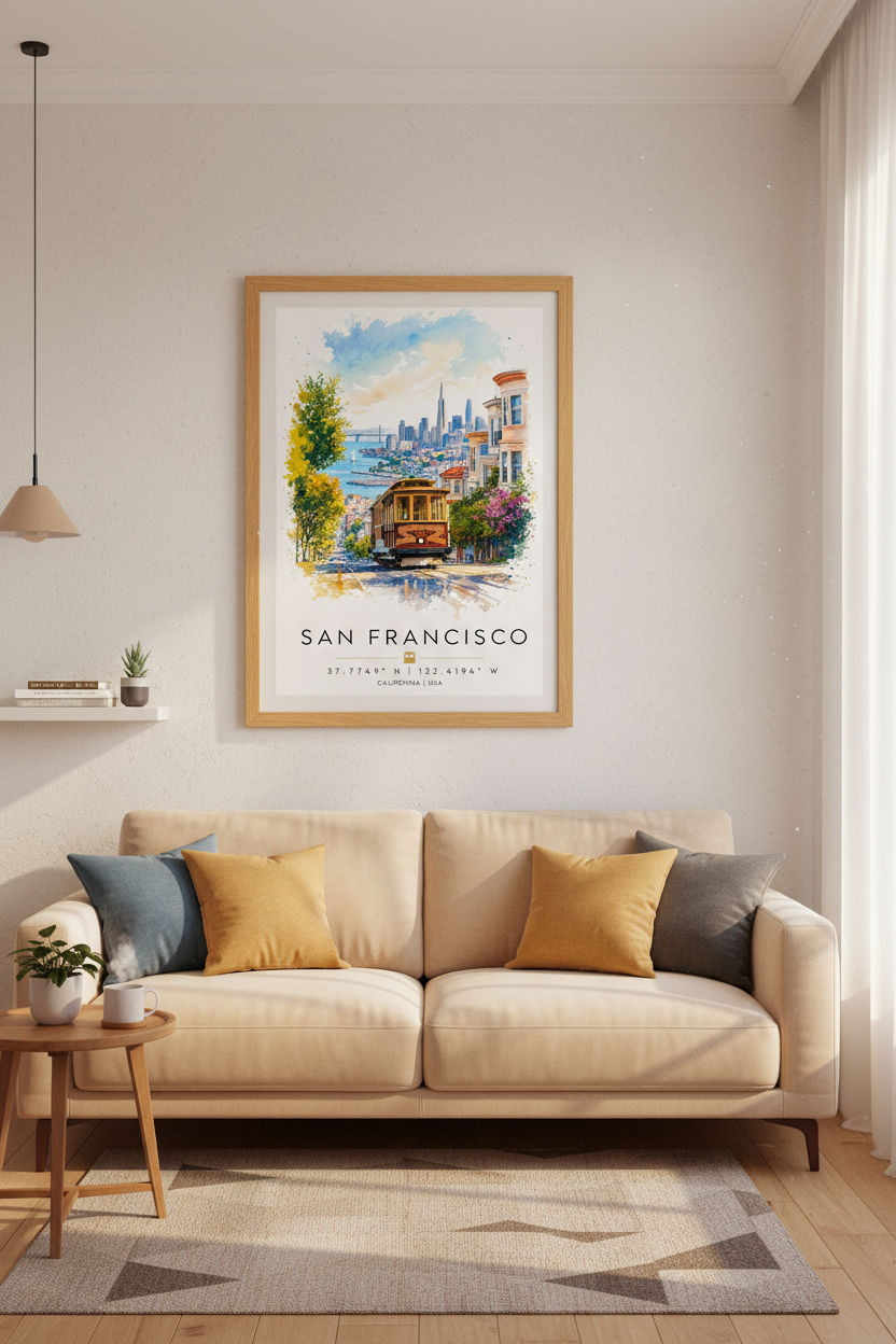 San Francisco Cable Car Art | Watercolor Cityscape, Living Room Decor