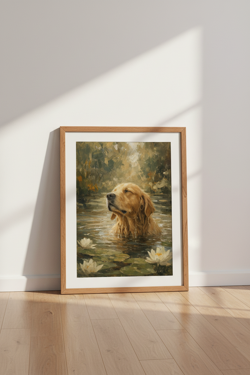 Golden Retriever Painting | Impressionist Dog Art, Rustic Lake Decor Poster