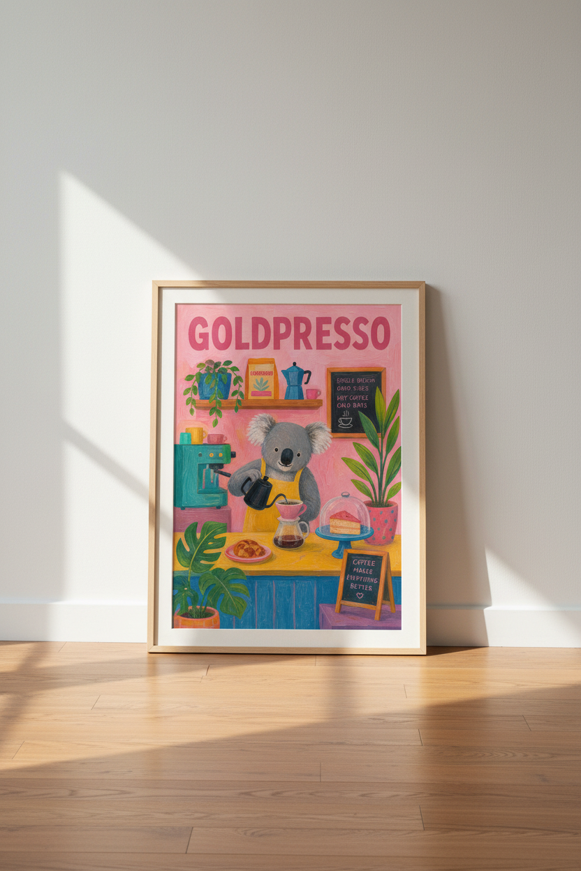 Koala Coffee Bar Art | Whimsical Pink Kitchen Decor | Animal Barista Poster