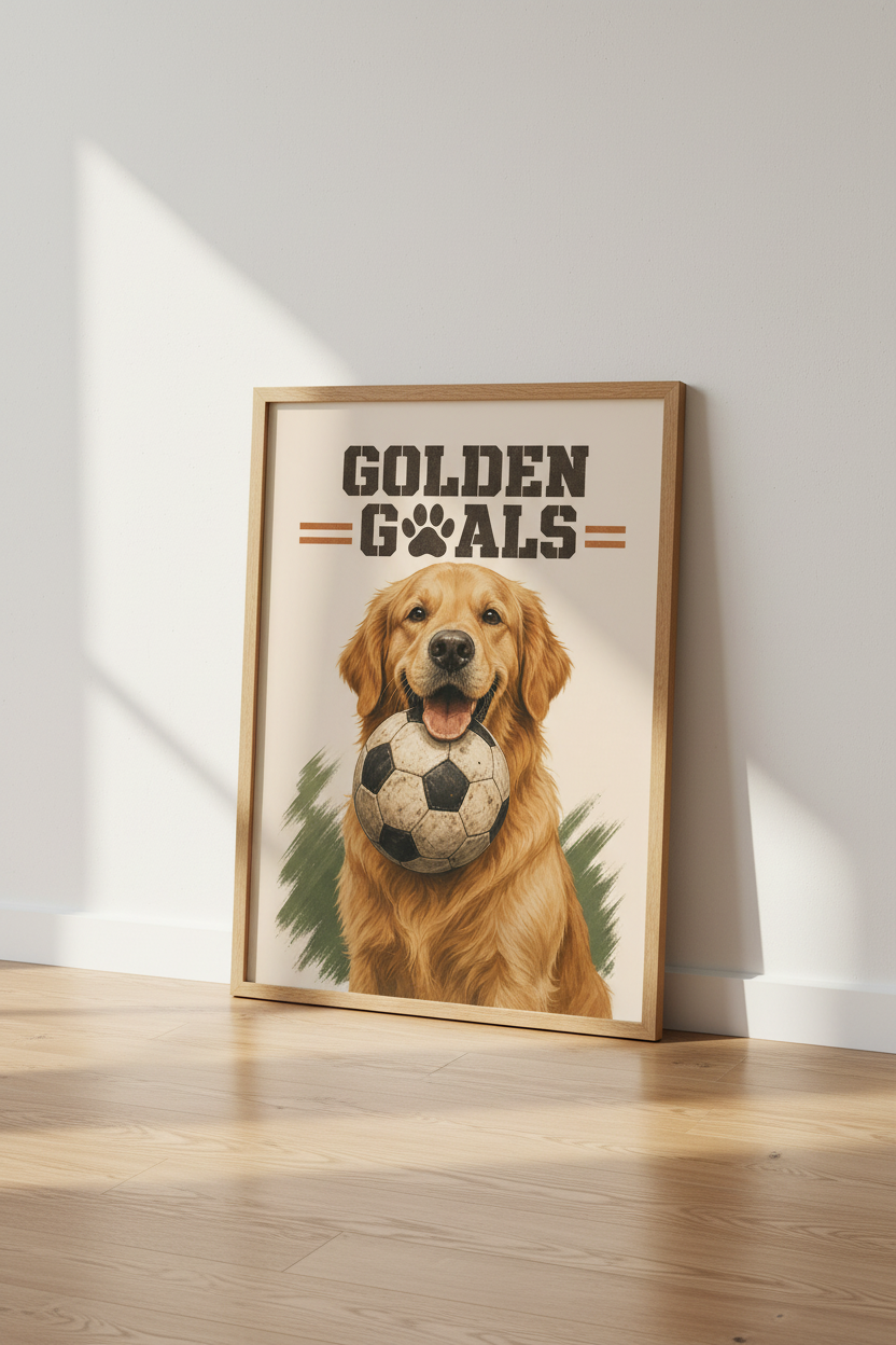 Golden Retriever Soccer Wall Art Print | Dog Lover Sports Poster, Kids Room Decor