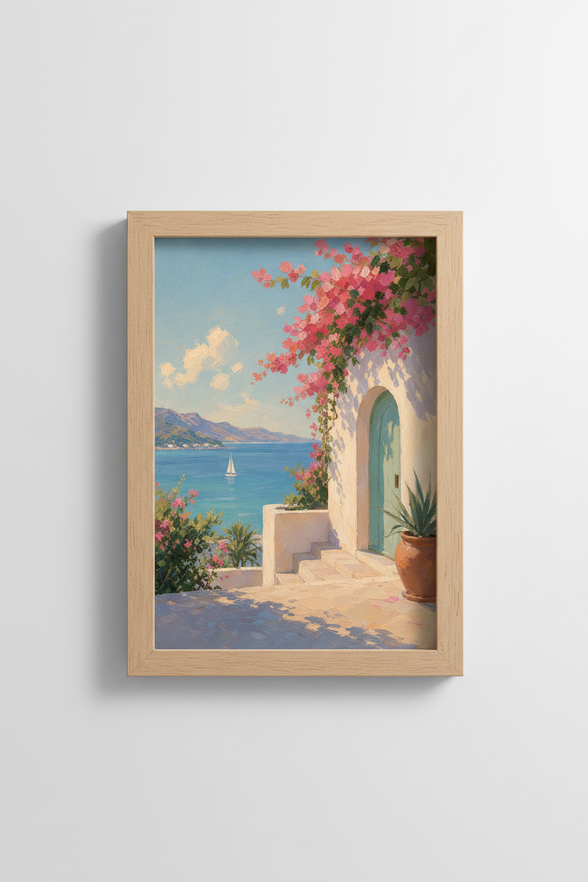 Mediterranean Coast Print | Coastal Landscape Wall Art, Greek Villa Poster Decor