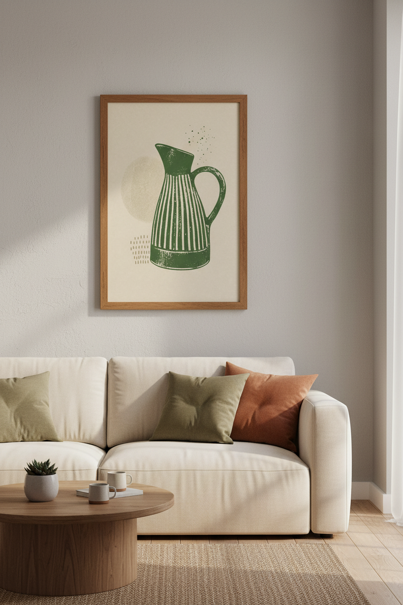 Green Pitcher Wall Art Print | Minimalist Vase Poster, Kitchen & Dining Decor