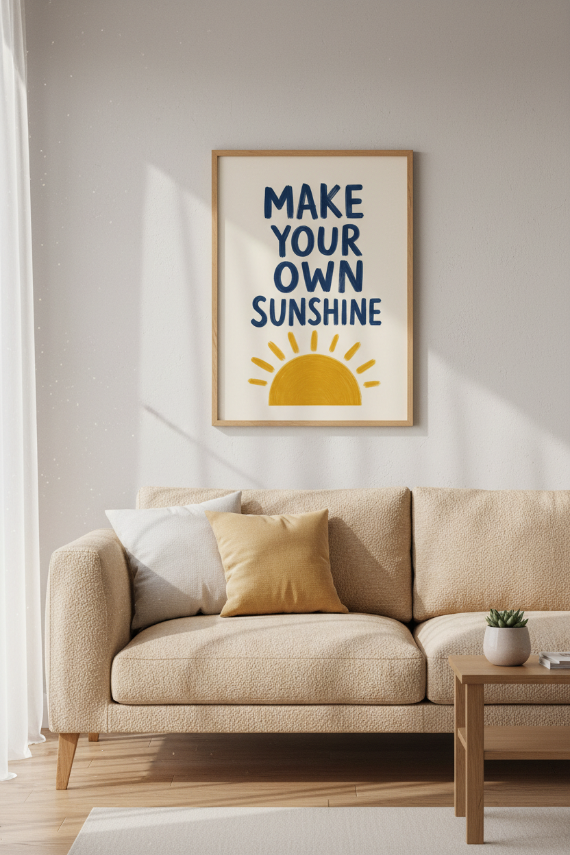 Positive Quote Wall Art Print | Navy and Yellow Sun Decor | Modern Inspirational Poster