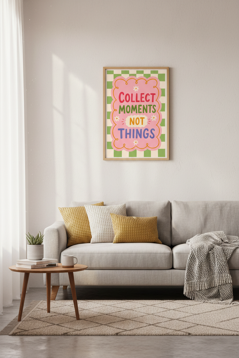 Collect Moments Not Things Art Print | Retro Pink Green Decor | Funky Quote Poster