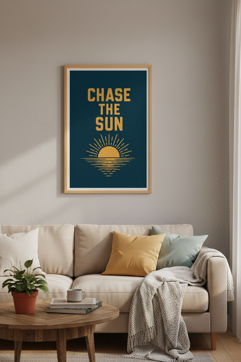 Chase The Sun Art Print | Navy & Gold Motivational Poster | Modern Home Decor