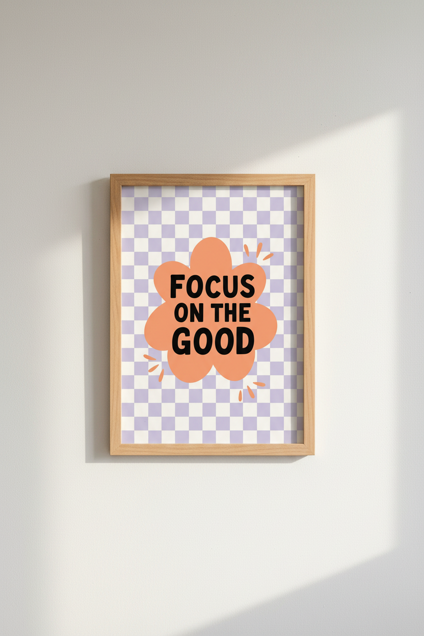 Focus On The Good Wall Art | Retro Lavender Checkered Poster | Pastel Dorm Decor