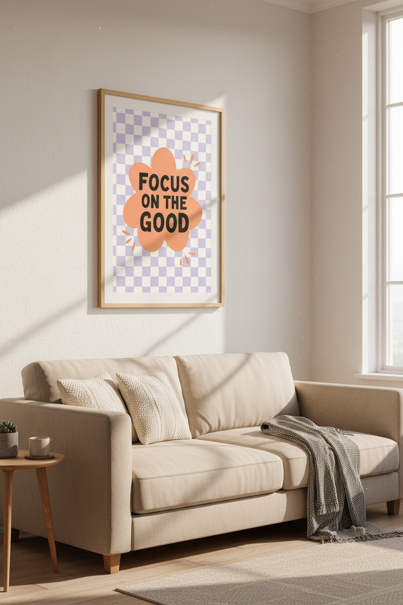 Focus On The Good Wall Art | Retro Lavender Checkered Poster | Pastel Dorm Decor
