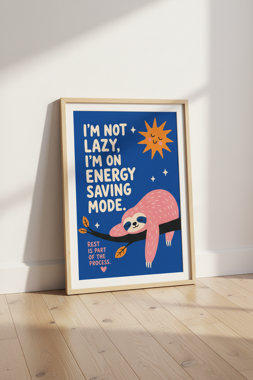 Funny Sloth Energy Saving Mode Wall Art | Blue Bedroom Decor | Cute Self Care Poster