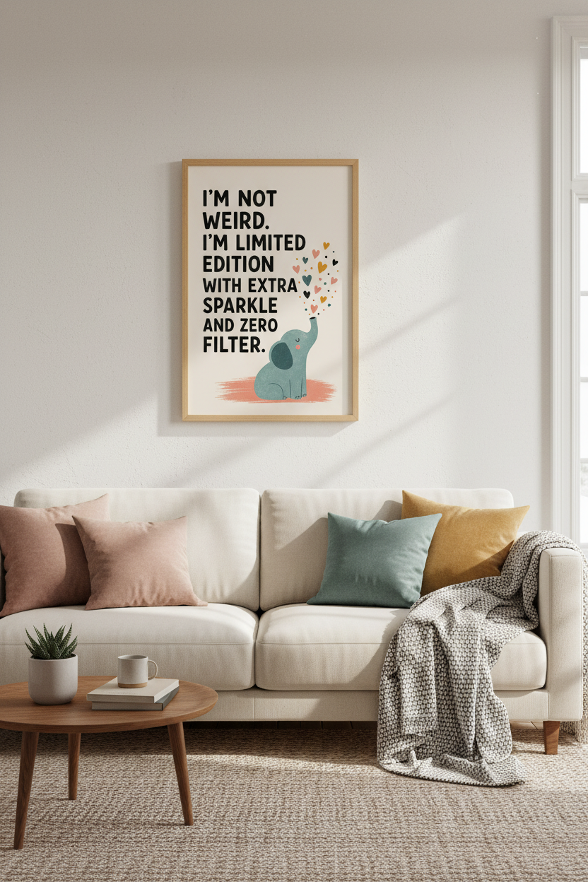 Funny Elephant Quote Wall Art | Blue & Gold Nursery Decor | Modern Kids Poster