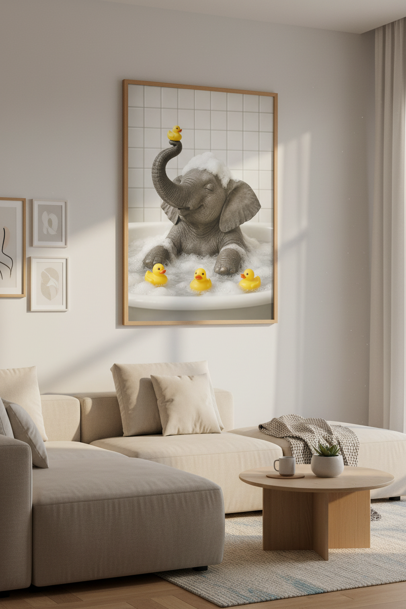 Baby Elephant in Bathtub Art | Whimsical Animal Poster, Kids Bathroom Decor