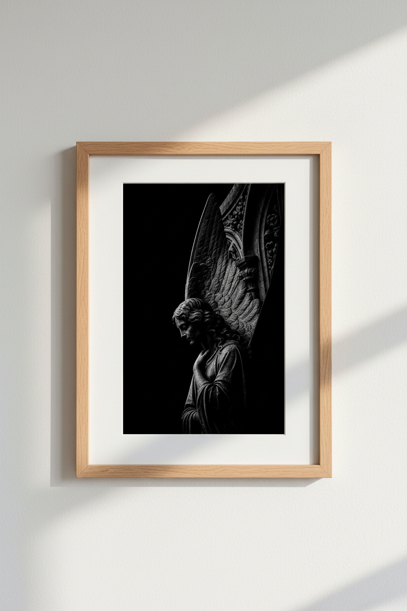 Gothic Angel Art Print | Dark Academia Statue Decor | Moody Black and White Poster