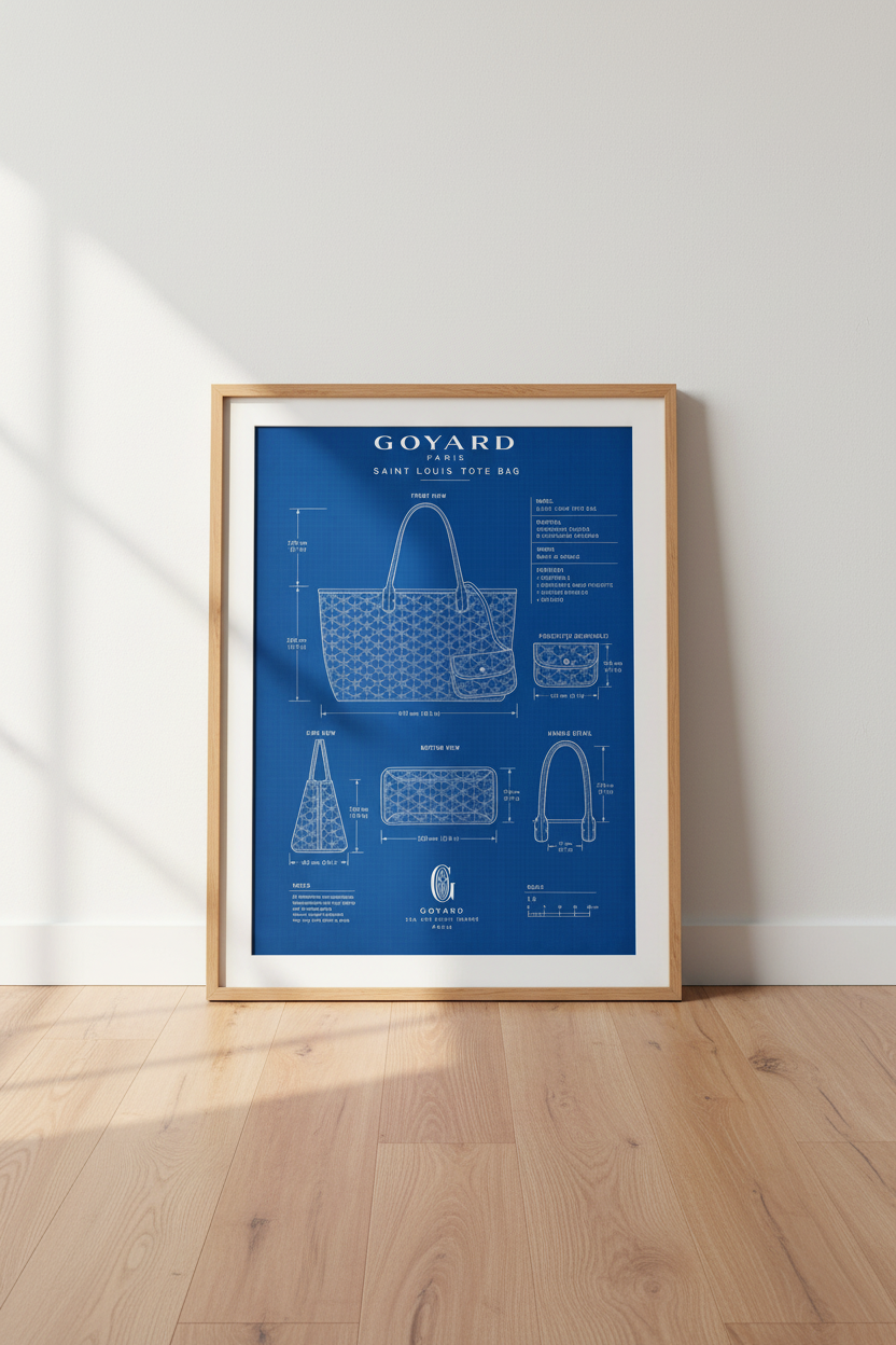 Luxury Tote Blueprint Wall Art | Navy Blue Fashion Poster, Closet Decor
