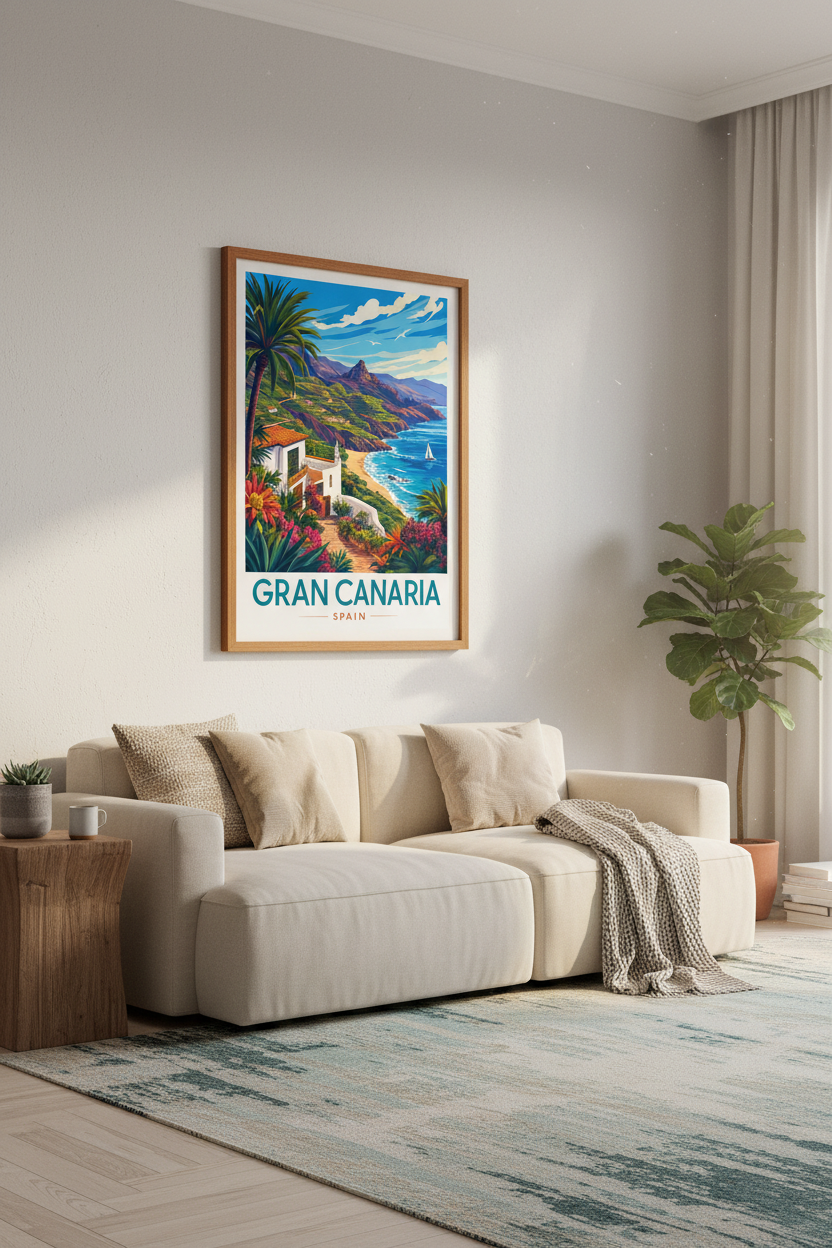 Gran Canaria Spain Travel Poster | Coastal Landscape Wall Art, Mediterranean Decor