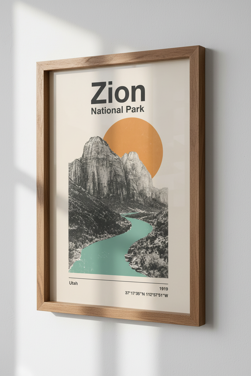 Zion National Park Wall Art | Retro Boho Landscape Decor | Mid-Century Modern Poster