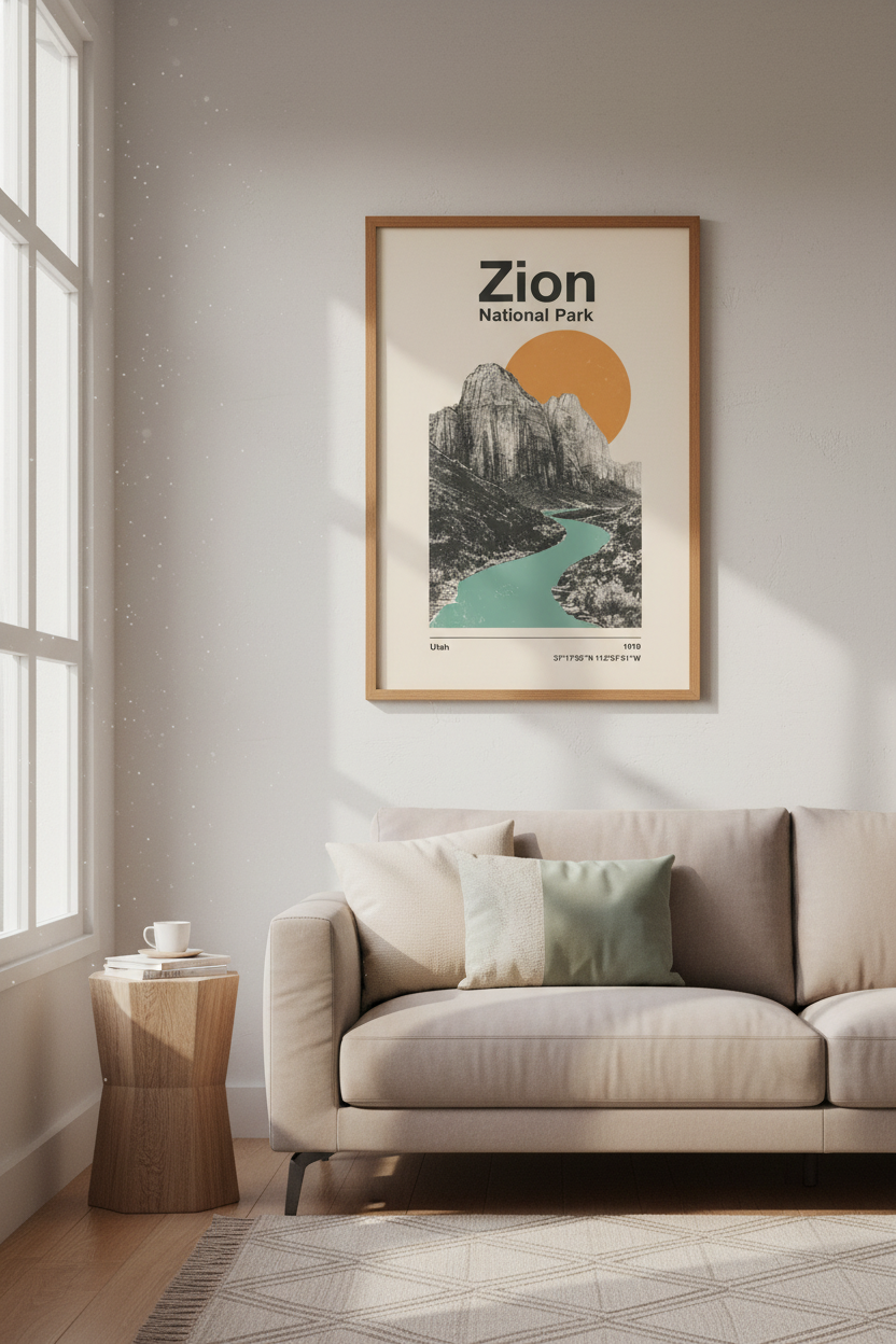 Zion National Park Wall Art | Retro Boho Landscape Decor | Mid-Century Modern Poster