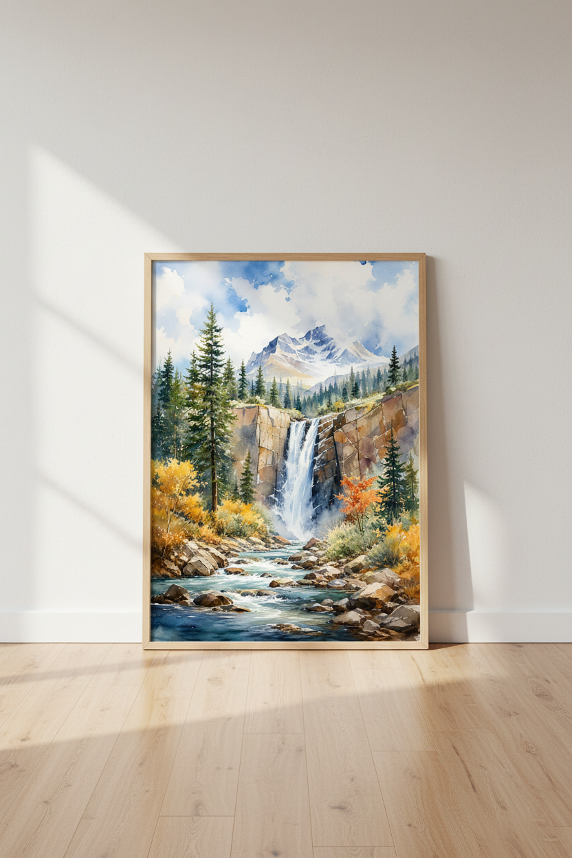 Mountain Waterfall Watercolor Wall Art | Blue & Gold Nature Decor | Landscape Poster