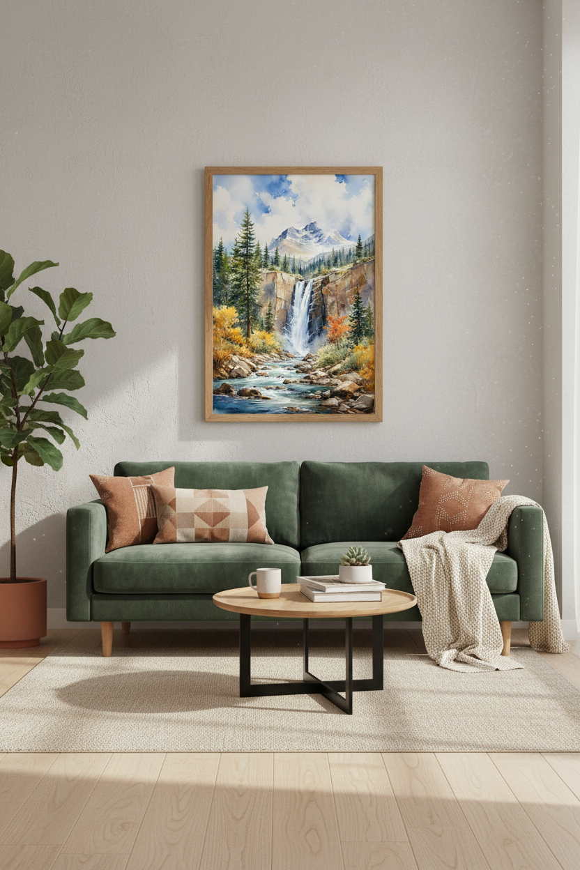 Mountain Waterfall Watercolor Wall Art | Blue & Gold Nature Decor | Landscape Poster