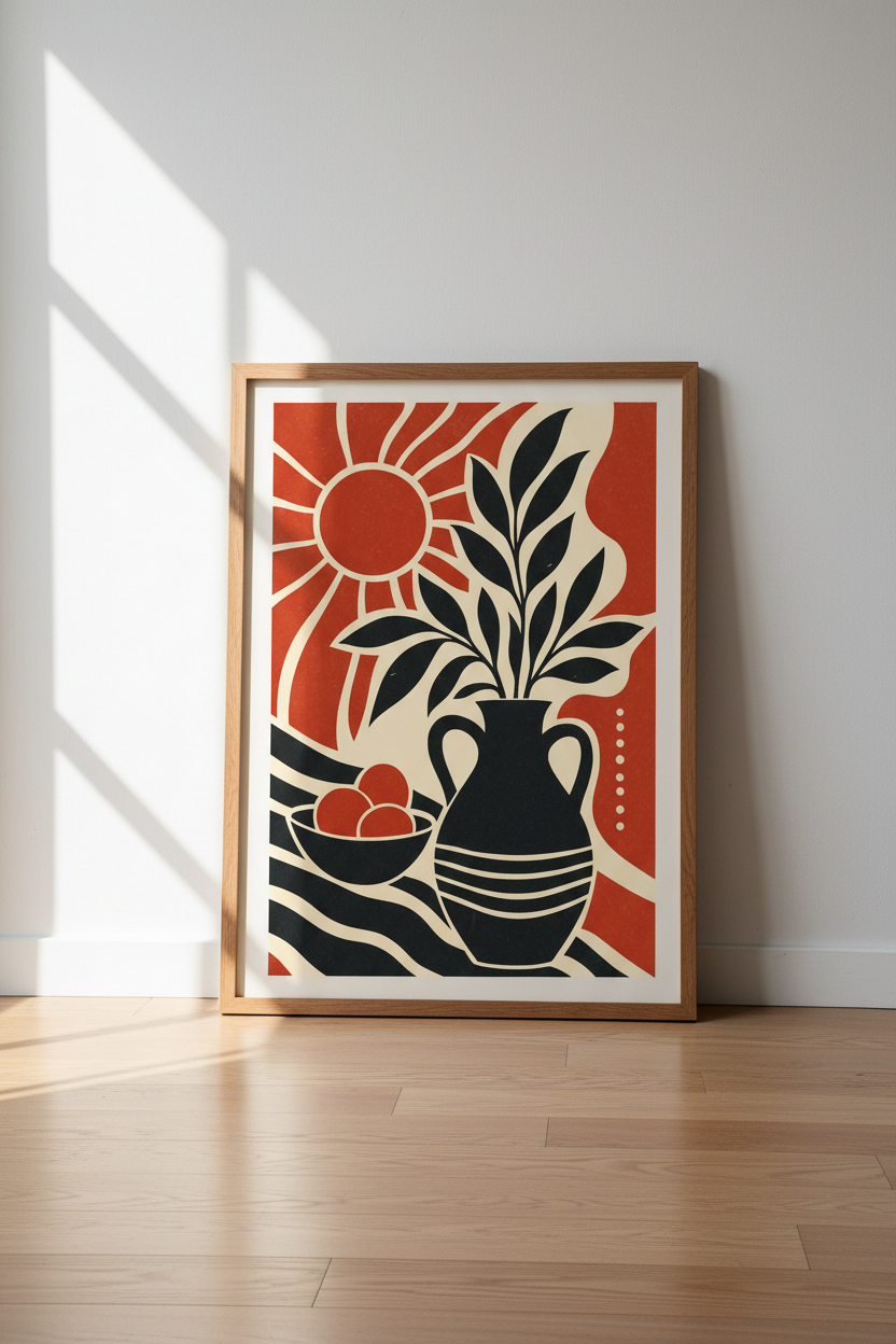 Boho Sun Botanical Still Life Print | Terracotta & Black Decor | Modern Poster