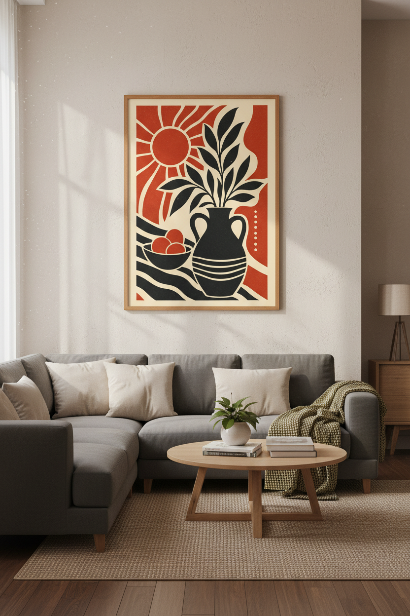 Boho Sun Botanical Still Life Print | Terracotta & Black Decor | Modern Poster