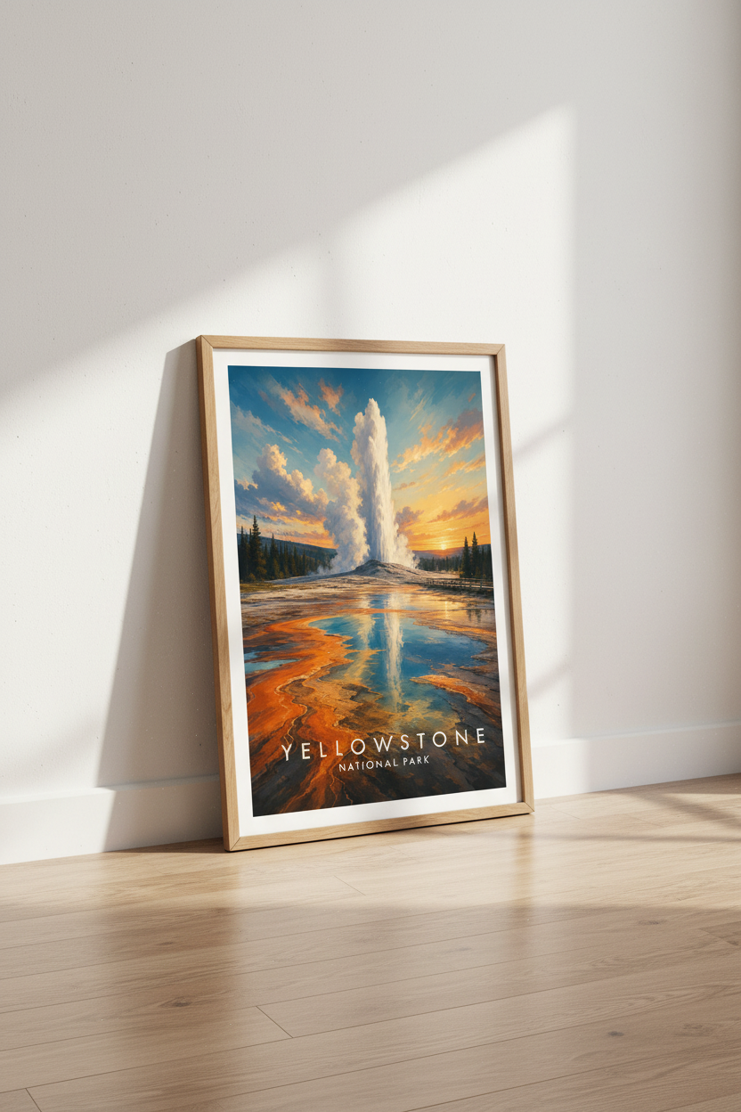 Yellowstone National Park Art | Old Faithful Sunset Poster, Nature Wall Decor