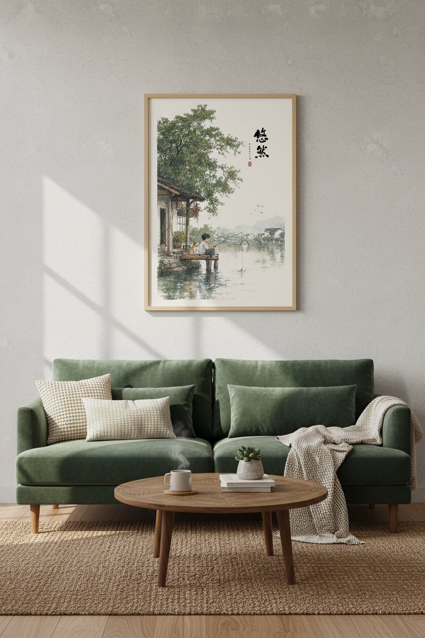 Japanese Ink Art Fishing Boy | Zen Landscape Decor, Nostalgic Watercolor Poster