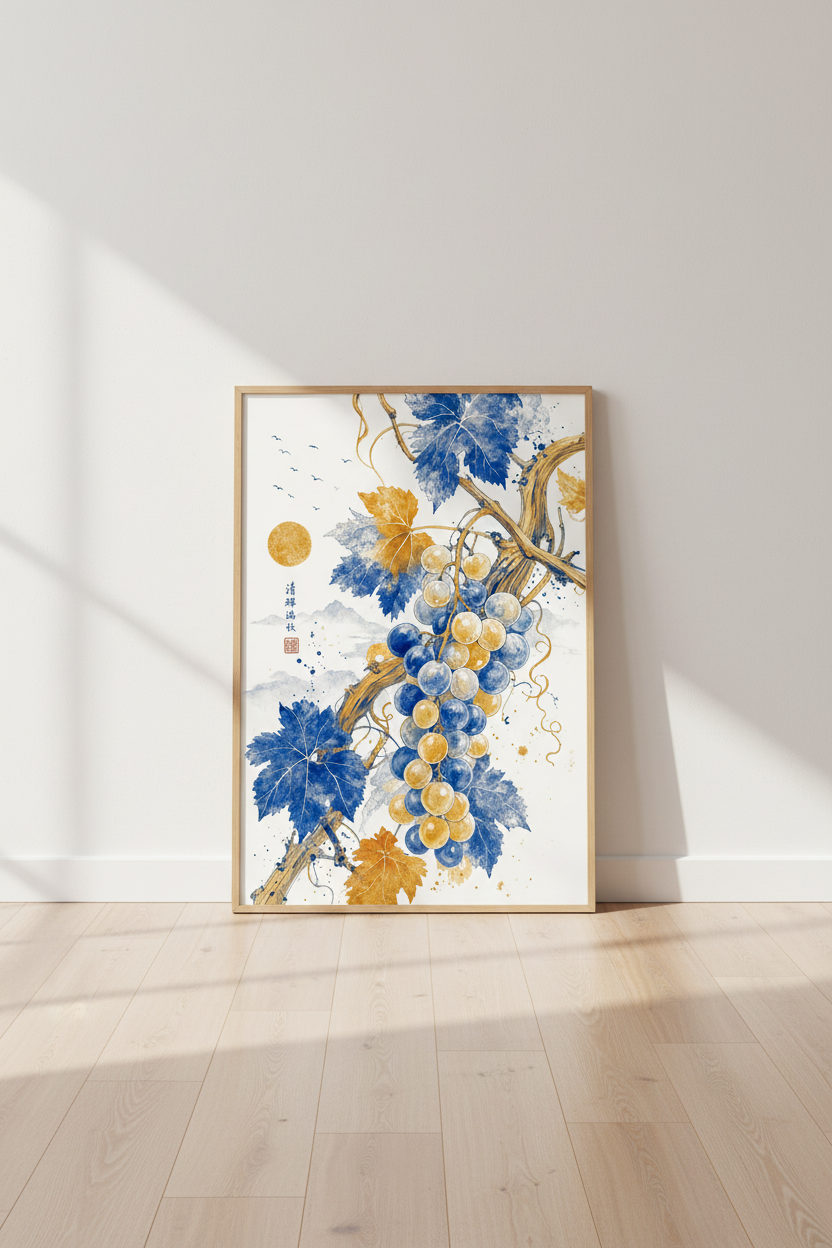 Japanese Grapes Wall Art | Blue & Gold Ink Print, Asian Zen Kitchen Decor