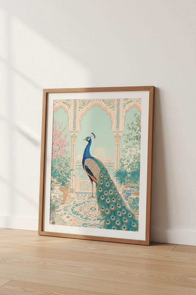 Indian Peacock Wall Art | Teal & Peach Mughal Decor | Chinoiserie Poster