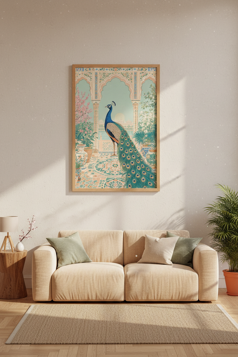 Indian Peacock Wall Art | Teal & Peach Mughal Decor | Chinoiserie Poster