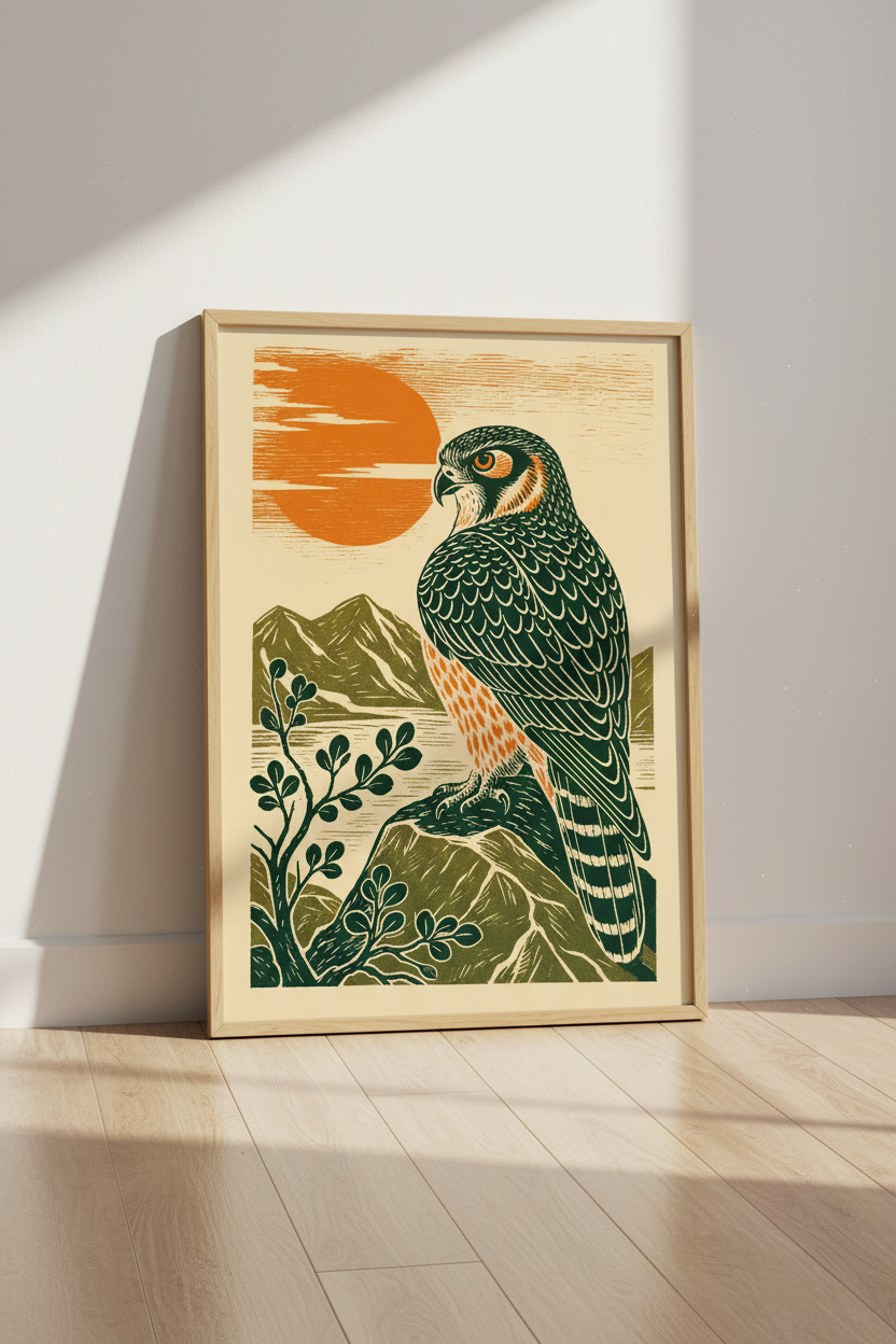 Falcon Hawk Wall Art | Linocut Bird Poster, Cabin & Office Decor Art