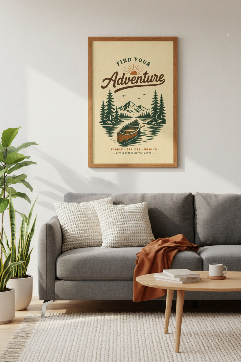 Canoe Mountain Adventure | Vintage Retro Nature Poster, Rustic Cabin Wall Art