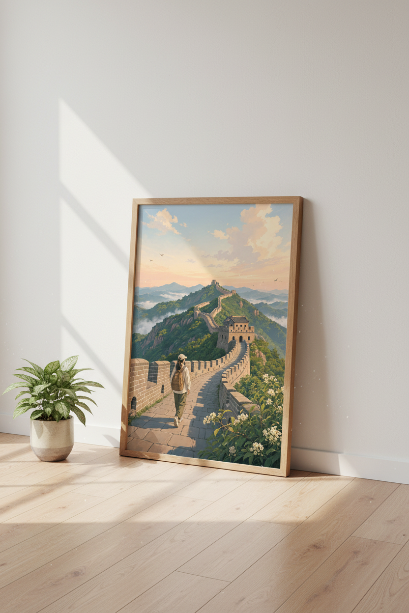 Great Wall of China | Ghibli Style Travel Art, Sunset Mountain Poster
