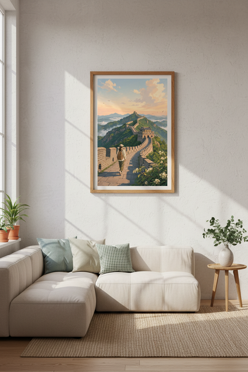 Great Wall of China | Ghibli Style Travel Art, Sunset Mountain Poster