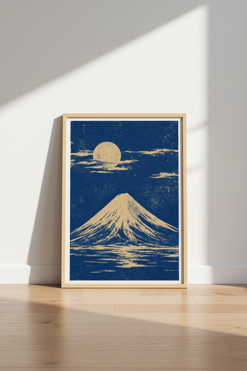 Mount Fuji Japanese Wall Art | Navy Blue & Cream Minimalist Print, Zen Office Decor