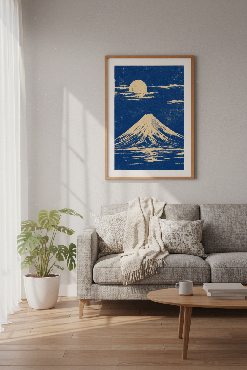 Mount Fuji Japanese Wall Art | Navy Blue & Cream Minimalist Print, Zen Office Decor