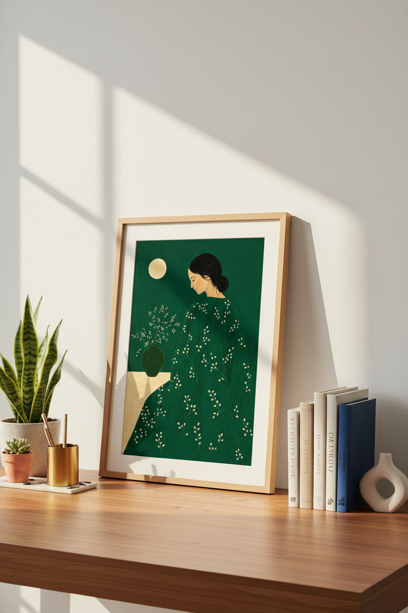 Botanical Poster | Emerald Teal, Female Silhouette | Living Room Decor