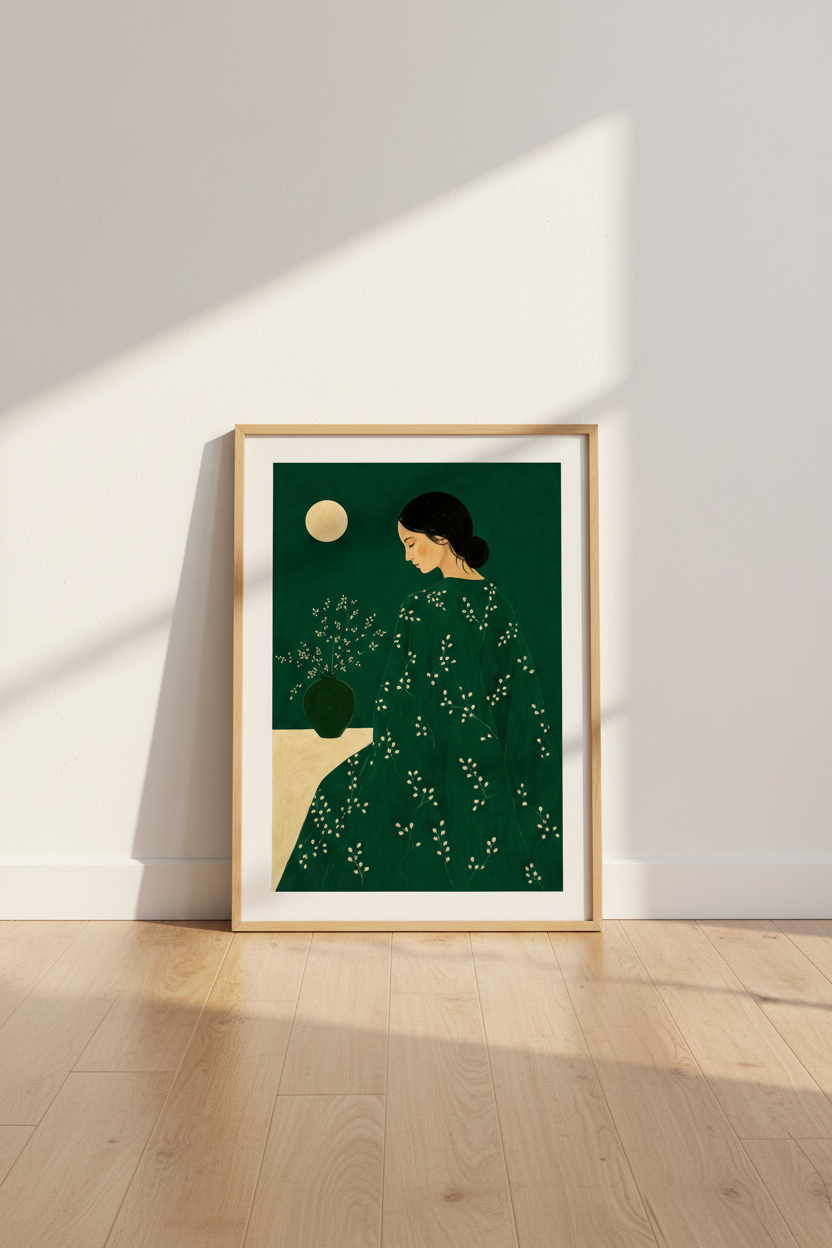 Botanical Poster | Emerald Teal, Female Silhouette | Living Room Decor