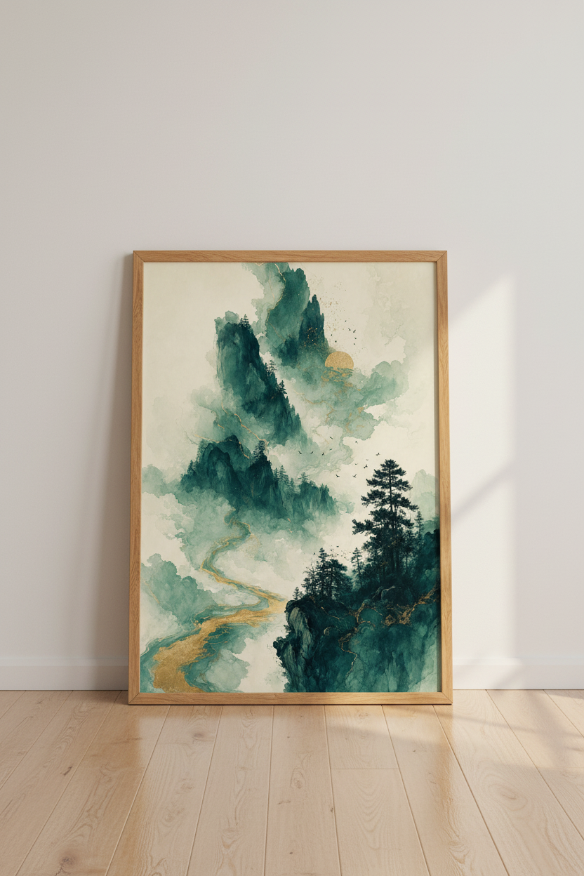Green Gold Mountain Landscape Art | Japanese Style Misty Pine Poster, Zen Living Room