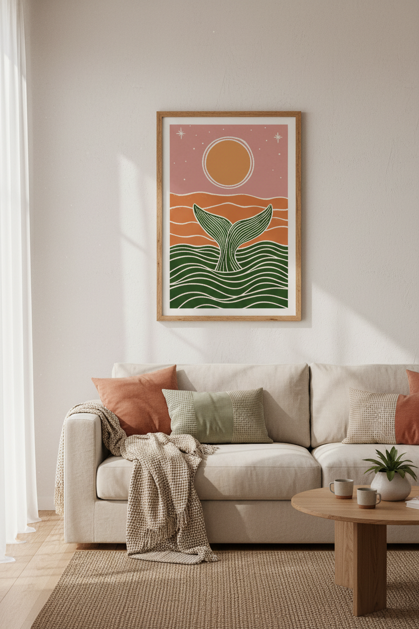 Bohemian Whale Tail Art | Terracotta & Sage Coastal Decor, Modern Nursery Poster