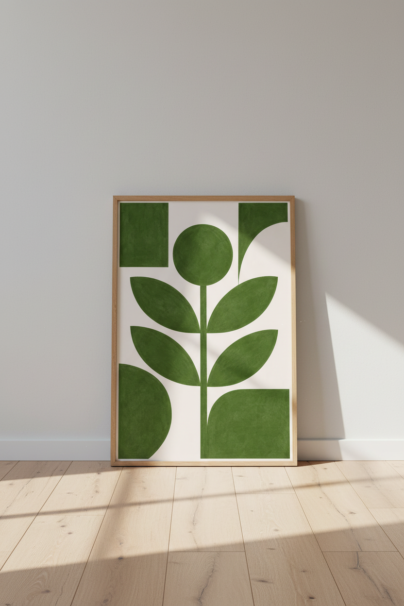 Abstract Botanical Art | Forest Green Geometric Leaves, Modern Living Room Decor