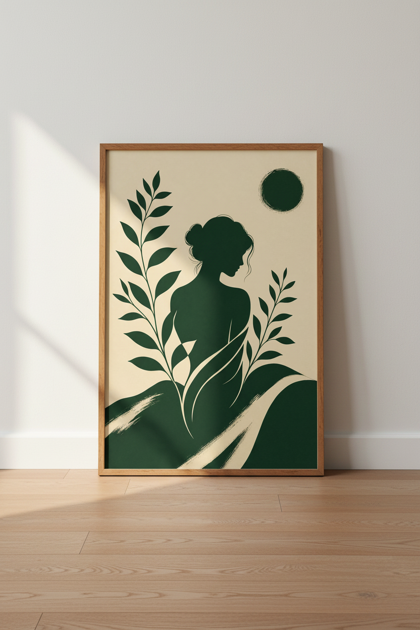 Boho Woman Silhouette Wall Art | Forest Green Botanical, Bedroom Decor Poster
