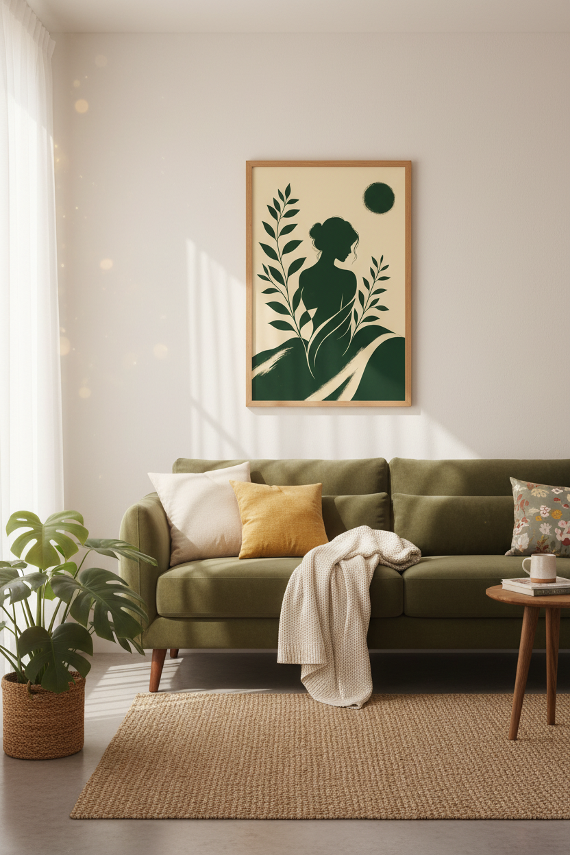 Boho Woman Silhouette Wall Art | Forest Green Botanical, Bedroom Decor Poster