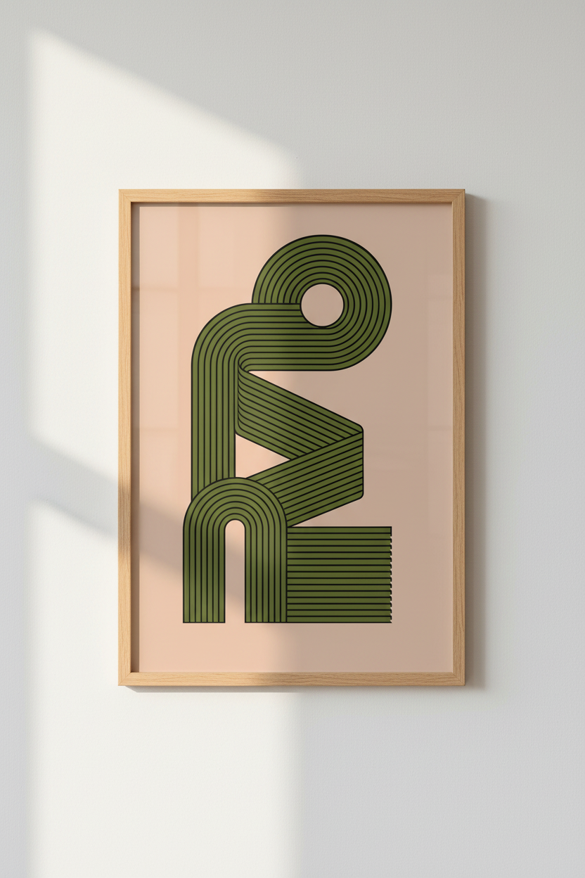 Geometric Ribbon Wall Art | Olive Green & Peach Retro Poster, Modern Living Room Print