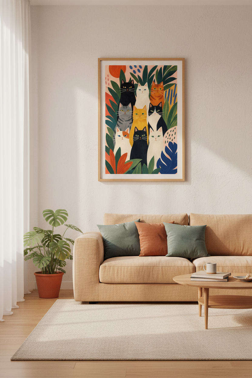 Group of Cats Wall Art | Whimsical Celestial Feline Poster | Boho Living Room Decor