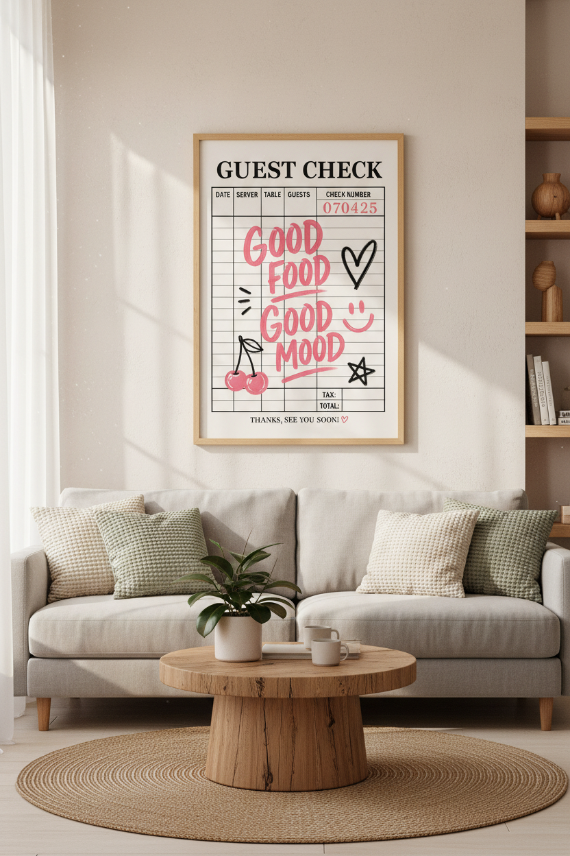 Guest Check Wall Art | Retro Pink Foodie Poster, Kitchen & Dining Decor