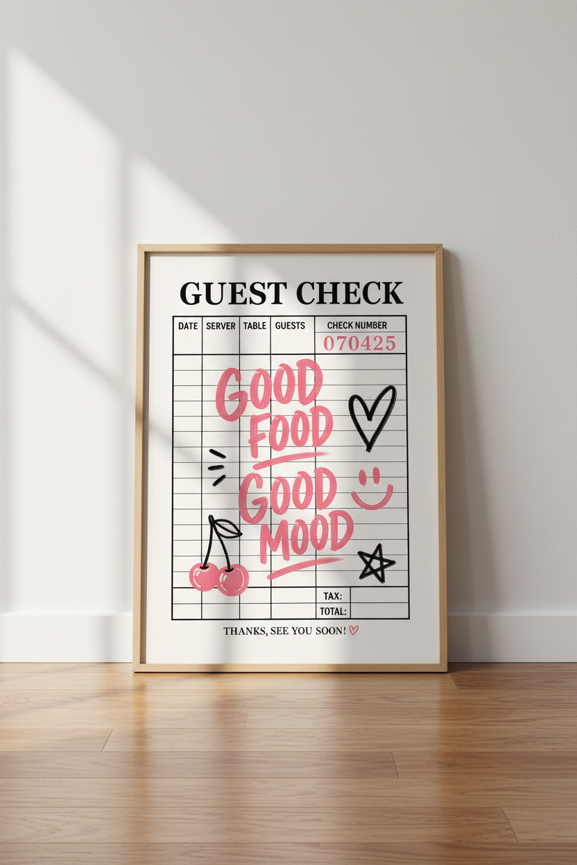 Guest Check Wall Art | Retro Pink Foodie Poster, Kitchen & Dining Decor