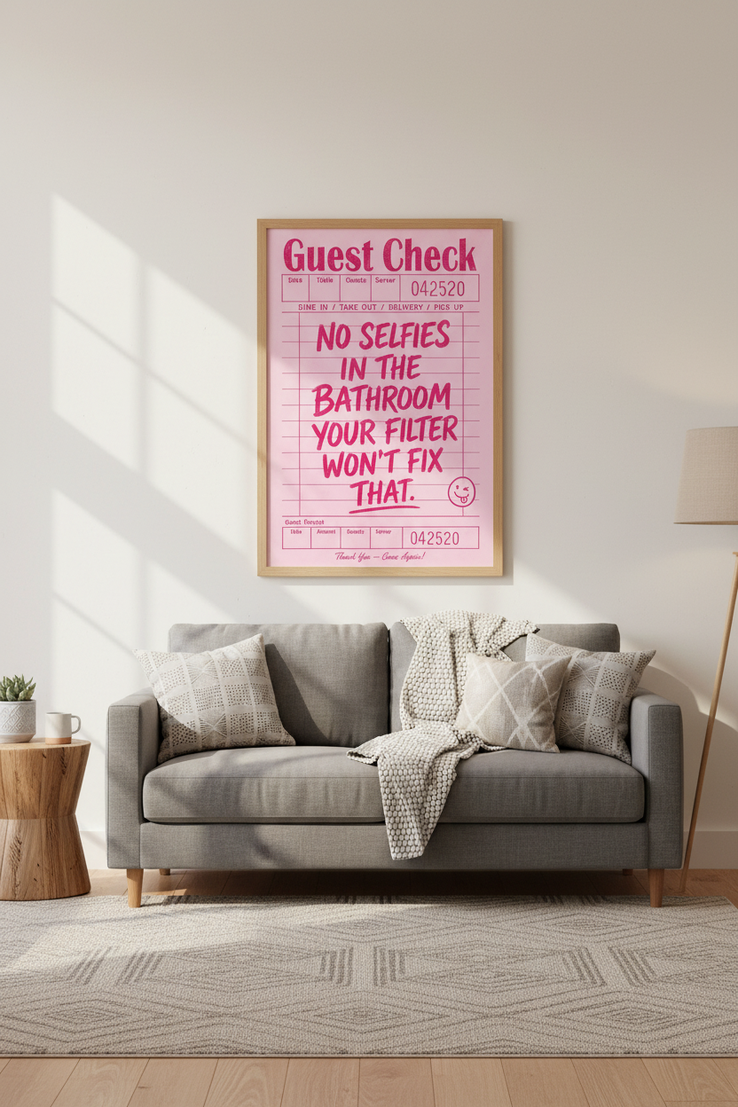 Pink Guest Check Art Print | Funny Bathroom Decor | Preppy Retro Aesthetic Poster