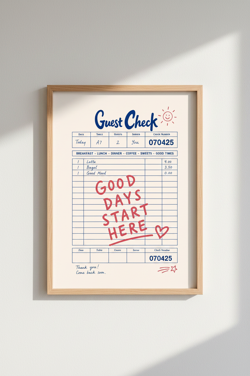 Guest Check Print | Retro Diner Receipt Wall Art, Kitchen Decor | Aesthetic Poster
