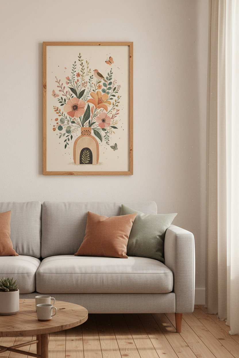 Boho Wildflower Vase Art | Terracotta Floral Poster, Bedroom & Nursery Decor Art