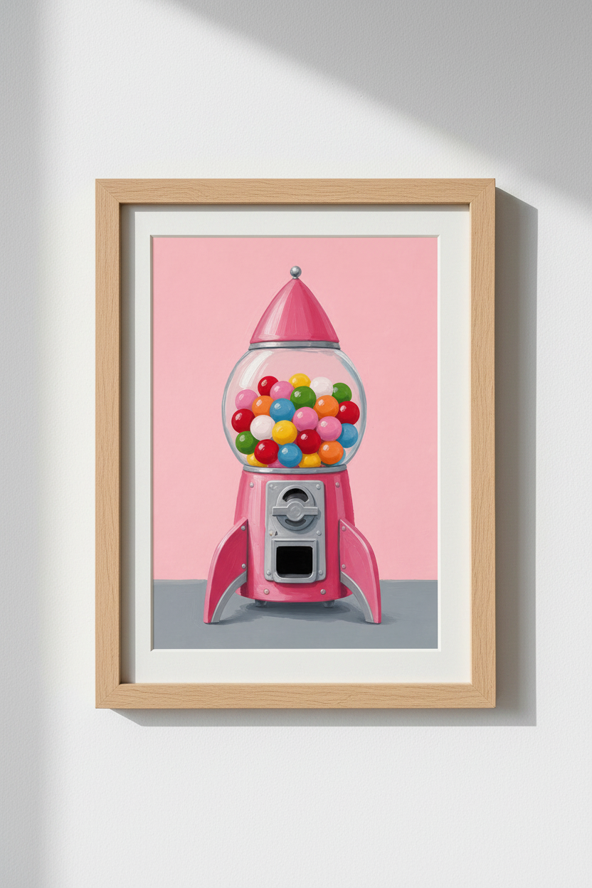 Pink Gumball Machine Print | Retro Rocket Candy Wall Art | Nursery & Playroom Decor