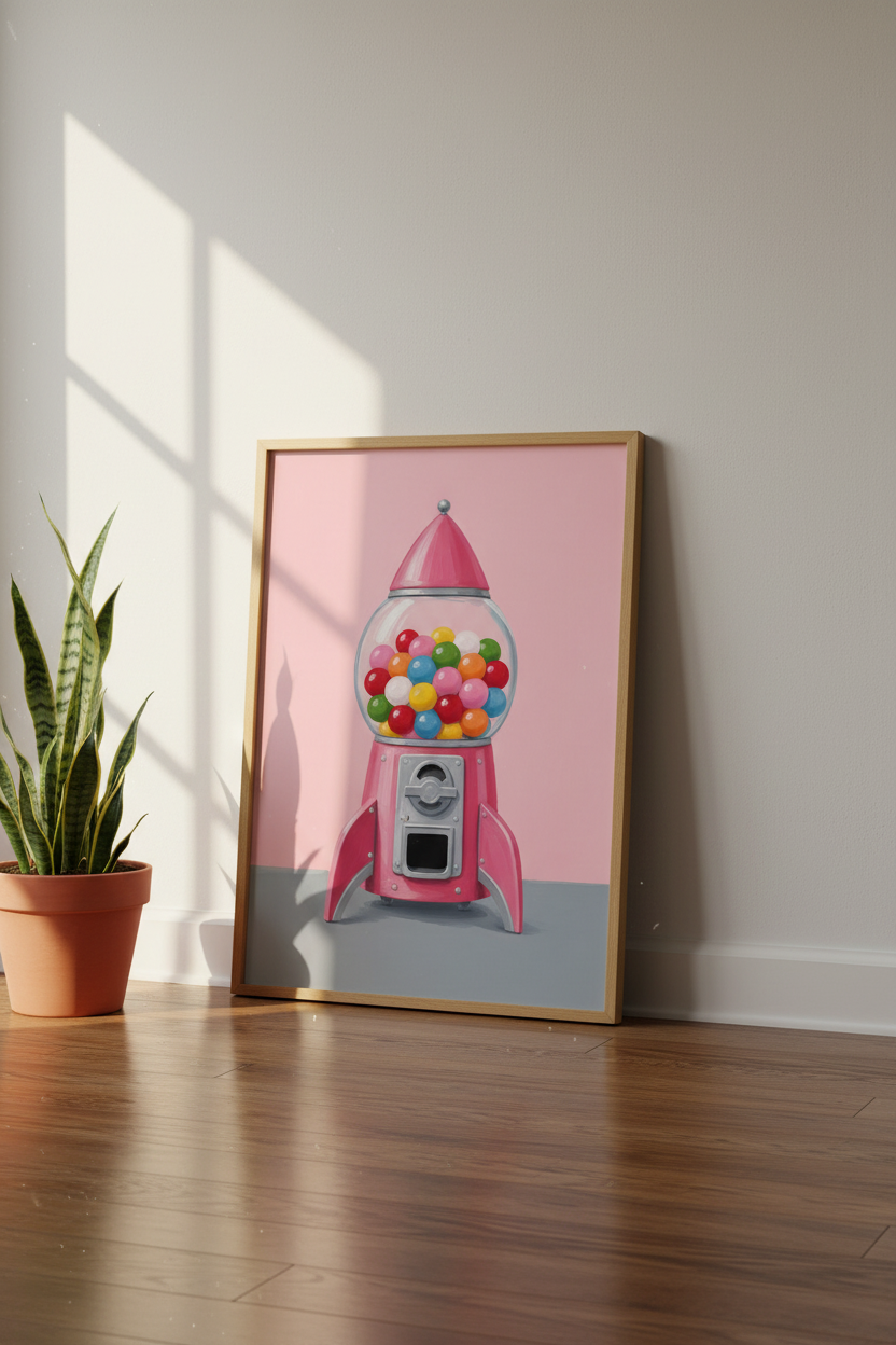 Pink Gumball Machine Print | Retro Rocket Candy Wall Art | Nursery & Playroom Decor